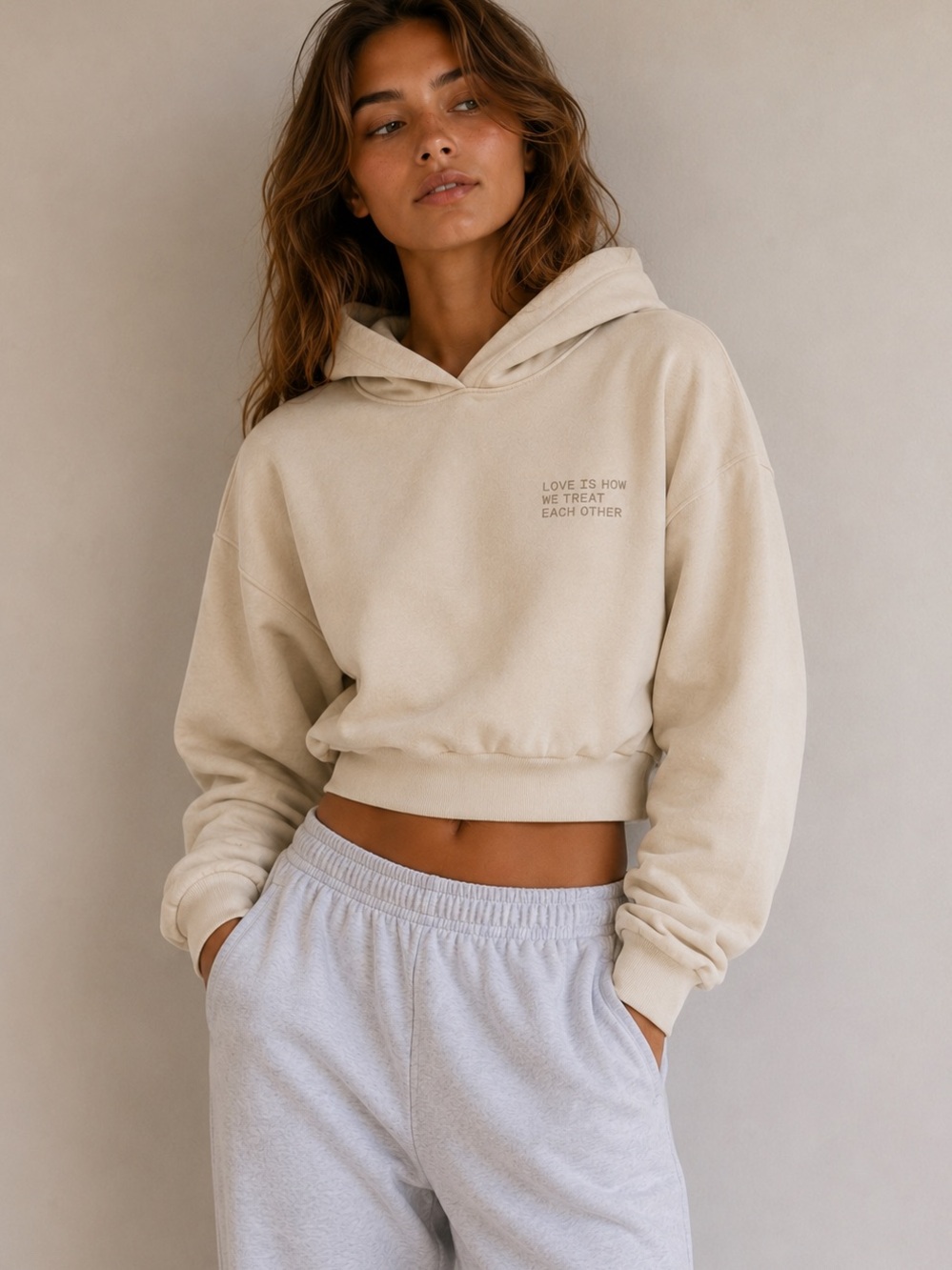 Peoplehood Beige Cropped Hoodie Cotton Size M Minimalist